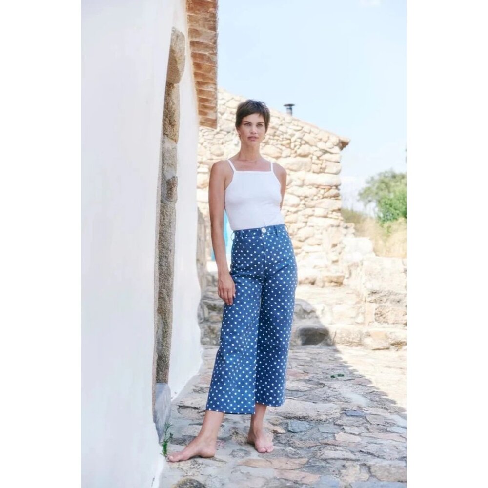 NWT SZ Blockprints Hand Block-Printed Disco Pants in Blue Polka Dots Canvas L - Picture 8 of 11